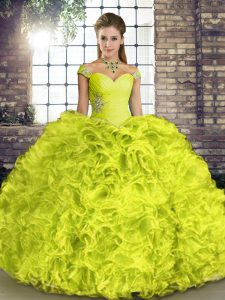 Organza Off The Shoulder Sleeveless Lace Up Beading and Ruffles Sweet 16 Dress in Yellow Green