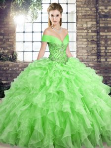 Off The Shoulder Sleeveless Organza Quince Ball Gowns Beading and Ruffles Brush Train Lace Up
