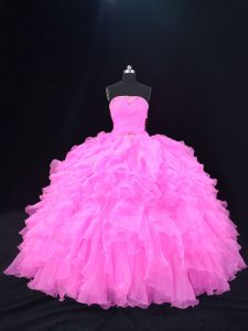 Enchanting Organza Strapless Sleeveless Lace Up Beading and Ruffles 15th Birthday Dress in Pink and Rose Pink