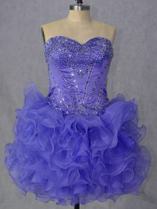 Sleeveless Organza Mini Length Lace Up Evening Dress in Lavender with Beading and Ruffles
