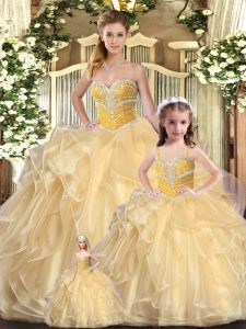 Champagne Sleeveless Floor Length Beading and Ruffles Lace Up Quinceanera Dress