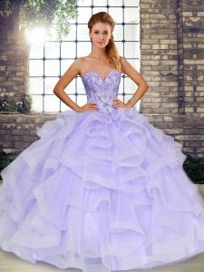 Sleeveless Floor Length Beading and Ruffles Lace Up Quinceanera Dress with Lavender