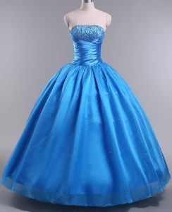 Best Blue Organza Lace Up Strapless Sleeveless Floor Length Quinceanera Gowns Beading