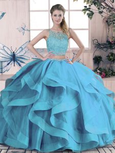 Sexy Tulle Scoop Sleeveless Lace Up Beading and Ruffles 15th Birthday Dress in Blue