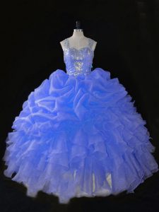 Custom Designed Blue Quinceanera Gown Sweet 16 and Quinceanera with Beading and Ruffles Straps Sleeveless Zipper