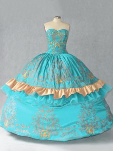 Aqua Blue Satin and Organza Lace Up Sweetheart Sleeveless Floor Length 15 Quinceanera Dress Embroidery and Bowknot
