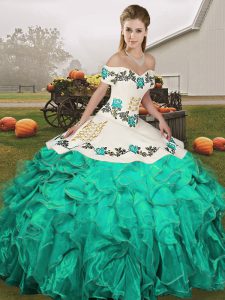 Turquoise Ball Gowns Embroidery and Ruffles Quinceanera Dresses Lace Up Organza Sleeveless Floor Length