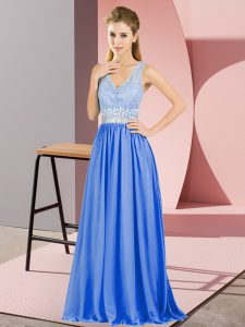 Floor Length Blue Prom Dresses V-neck Sleeveless Backless