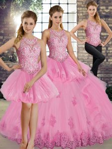 Scoop Sleeveless Lace Up Quinceanera Dresses Rose Pink Tulle