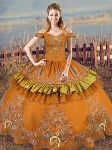 Glorious Sleeveless Satin Floor Length Lace Up Sweet 16 Quinceanera Dress in Brown with Embroidery