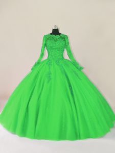 Custom Design Long Sleeves Floor Length Lace Zipper Quinceanera Dress with Green