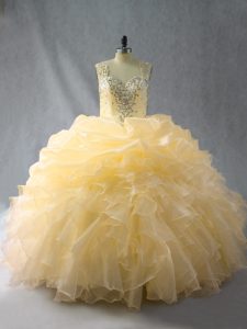 Sleeveless Floor Length Beading and Ruffles Zipper Quinceanera Dress with Gold