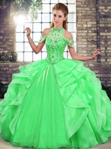 Halter Top Sleeveless Organza Quinceanera Dress Beading and Ruffles Lace Up