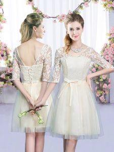Fitting Champagne V-neck Lace Up Lace and Bowknot Dama Dress Half Sleeves