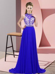 Blue Backless Halter Top Beading Prom Dress Chiffon Sleeveless Brush Train