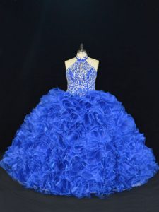 Stunning Royal Blue Halter Top Lace Up Beading and Ruffles Sweet 16 Dresses Sleeveless
