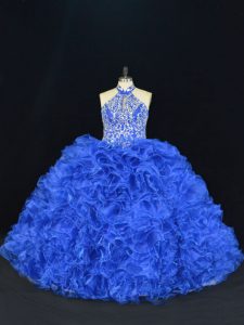 Stunning Royal Blue Halter Top Lace Up Beading and Ruffles Sweet 16 Dresses Sleeveless