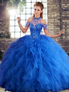 Floor Length Lace Up Sweet 16 Dress Royal Blue for Military Ball and Sweet 16 and Quinceanera with Beading and Ruffles