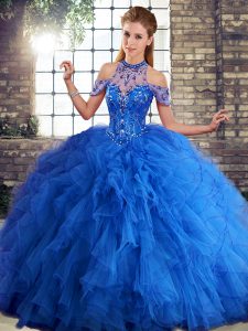 Floor Length Lace Up Sweet 16 Dress Royal Blue for Military Ball and Sweet 16 and Quinceanera with Beading and Ruffles