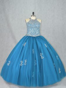 Blue Ball Gowns Beading and Appliques Vestidos de Quinceanera Lace Up Tulle Sleeveless Floor Length