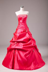 Sexy Strapless Sleeveless Taffeta Quince Ball Gowns Beading and Appliques Lace Up
