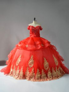 Ideal Sleeveless Court Train Appliques and Hand Made Flower Lace Up Quinceanera Dresses