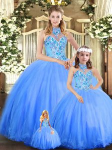 Super Blue Tulle Lace Up Halter Top Sleeveless Floor Length Sweet 16 Quinceanera Dress Embroidery