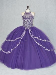 Affordable Purple Sleeveless Floor Length Beading Lace Up 15th Birthday Dress
