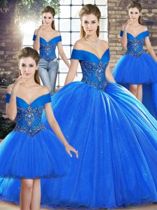 Royal Blue Lace Up Off The Shoulder Beading Sweet 16 Dresses Organza Sleeveless Brush Train