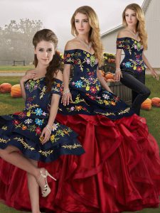 Red And Black Off The Shoulder Lace Up Embroidery and Ruffles Sweet 16 Dress Sleeveless