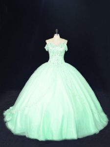 Affordable Tulle Off The Shoulder Sleeveless Court Train Lace Up Beading 15th Birthday Dress in Apple Green