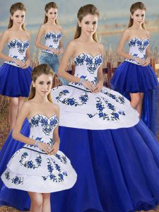 New Style Royal Blue Tulle Lace Up Sweetheart Sleeveless Floor Length Vestidos de Quinceanera Embroidery and Bowknot