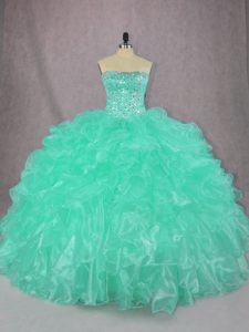 Turquoise Organza Lace Up Quinceanera Dresses Sleeveless Floor Length Beading and Ruffles