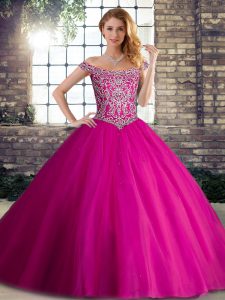 Fashionable Fuchsia Off The Shoulder Lace Up Beading Quinceanera Gowns Brush Train Sleeveless