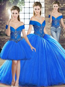 High Class Royal Blue Three Pieces Organza Off The Shoulder Sleeveless Beading Lace Up Quinceanera Gowns Brush Train