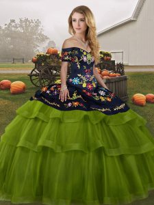 Superior Off The Shoulder Sleeveless Tulle Ball Gown Prom Dress Embroidery and Ruffled Layers Brush Train Lace Up