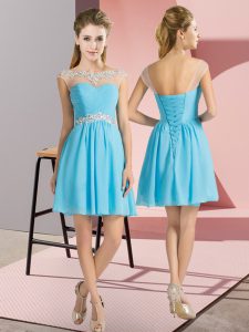Aqua Blue Bateau Neckline Beading Court Dresses for Sweet 16 Cap Sleeves Lace Up