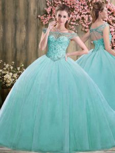 Tulle Off The Shoulder Sleeveless Lace Up Beading Quinceanera Dress in Blue