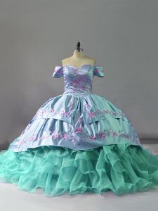 Fantastic Off The Shoulder Sleeveless Chapel Train Lace Up Quinceanera Gown Blue Organza