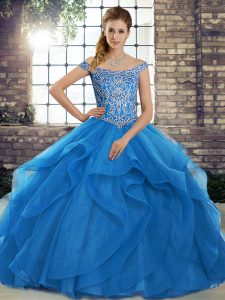 Latest Off The Shoulder Sleeveless Brush Train Lace Up Quince Ball Gowns Blue Tulle