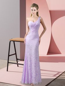 Smart One Shoulder Sleeveless Prom Gown Floor Length Beading and Lace Lavender Lace