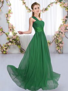 Traditional Sleeveless Floor Length Ruching Lace Up Dama Dress with Dark Green