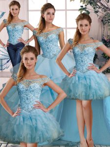Decent Floor Length Lace Up Sweet 16 Dress Light Blue for Military Ball and Sweet 16 and Quinceanera with Beading and Ruffles