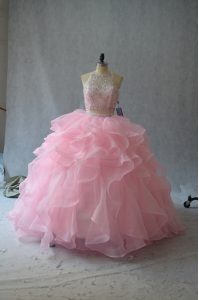 Hot Selling Pink Organza Backless Halter Top Sleeveless Sweet 16 Dresses Beading and Ruffles