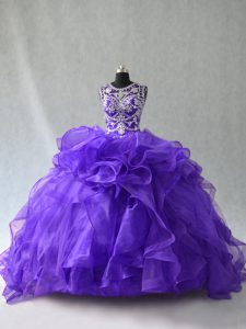 Noble Organza Scoop Sleeveless Lace Up Beading and Ruffles Quinceanera Dresses in Purple