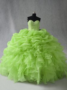 Floor Length Lace Up Quinceanera Dress Yellow Green for Sweet 16 and Quinceanera with Beading and Ruffles and Pick Ups