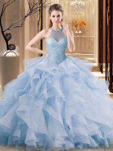 Fitting Blue Halter Top Neckline Beading and Ruffles Quinceanera Dress Sleeveless Lace Up