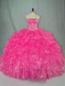 Pretty Strapless Sleeveless Quinceanera Dresses Floor Length Beading and Ruffles Hot Pink Organza