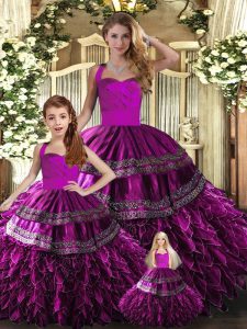 Custom Designed Floor Length Ball Gowns Sleeveless Fuchsia Quince Ball Gowns Lace Up
