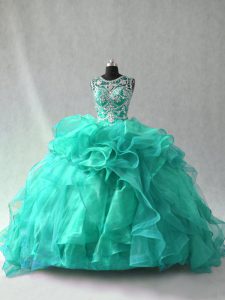Beautiful Turquoise Organza Lace Up Scoop Sleeveless Floor Length Quinceanera Dress Beading and Ruffles